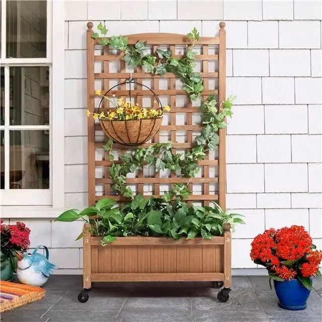 EONLION Wooden Outdoor Planter Box with Trellis in Brown and Multicolour, W/D/H: 126.5 x 64.0 x 28.5 cm