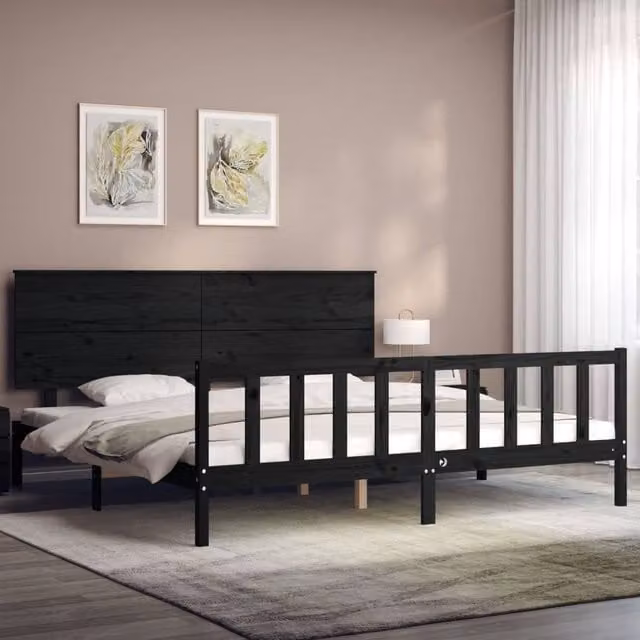 Berkfield Home Beautiful Solid Wood Bed Frame with Headboard in Black, W/D/H: 200 x 200 x 82.5 cm – 1