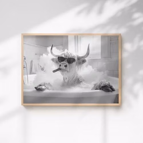 60 Second Makeover Highland Cow Smoking A Cigar In The Bath Quirky Animal Print Paper Poster, A3