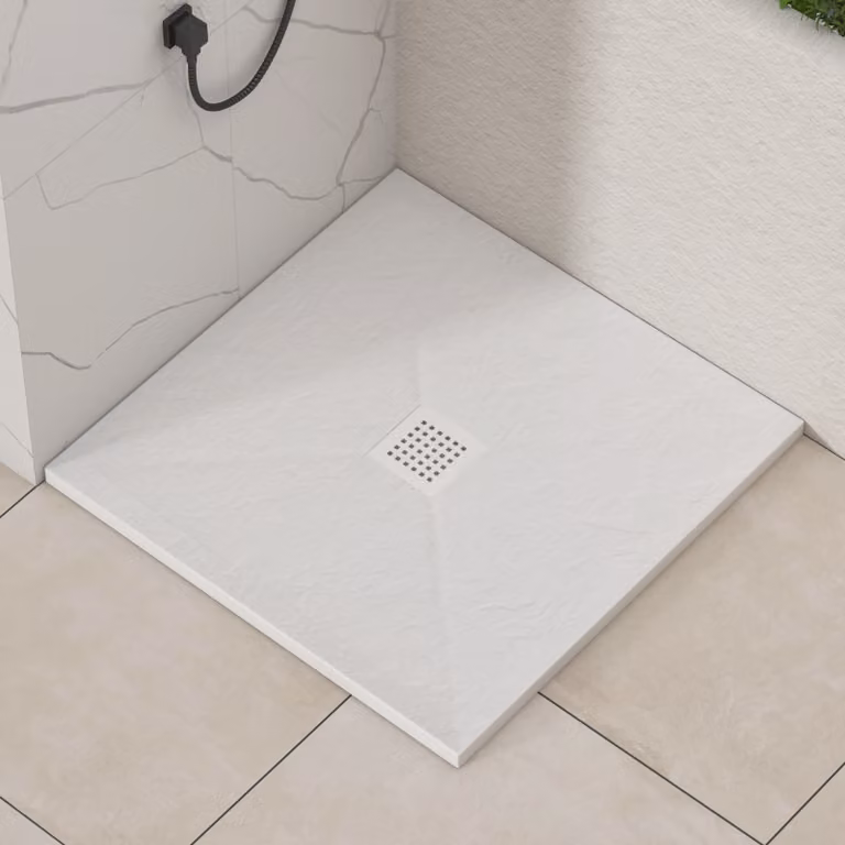 Luxor Square White Slate Effect Stone Shower Tray with Mega Flow Waste and White Grate, W/D/H: 80 x 80 x 3 cm