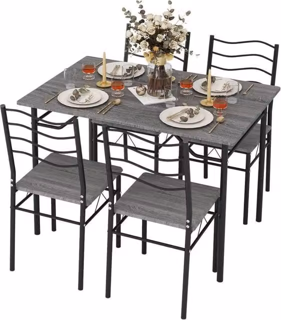 KORVIXA Dining Table and 4 Chair Set in Grey with Rustic MDF and Metal Design