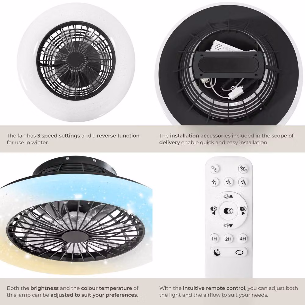 tectake Storm LED Ceiling Light with Fan in Black, Dimmable with Remote Control and Night Light Function – 5