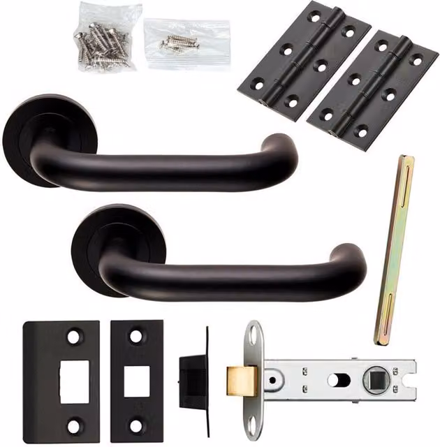 Loops Matt Black Curved Safety Lever Door Handle and Latch Pack with Round Rose
