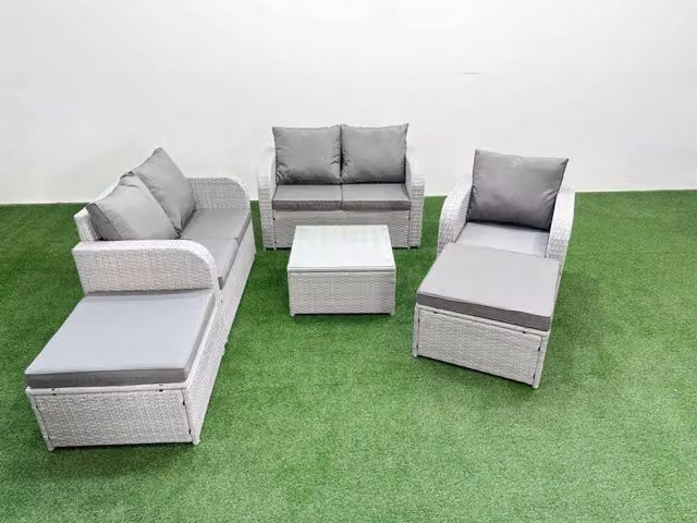 Fimous Poly Rattan Garden Furniture Set in Light Grey with Reclining Chair, 2-Seater Sofa, Coffee Table and 2 Ottomans