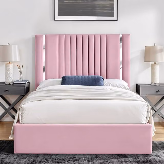 UK Bed Furniture Valencia Upholstered Slatted Base Bed with 48 Inch Panel Headboard in Pink, Size: Super King (200 x 200 cm)