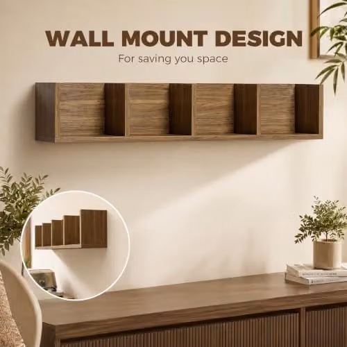 HOMCOM Wall-Mounted Wooden Media Storage Display Shelf in Brown – 3