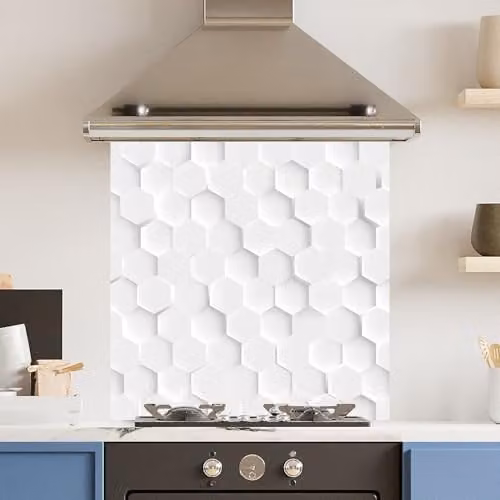 White Hexagon Toughened Glass Kitchen Splashback with Polished Edges, W 60 cm x H 60 cm