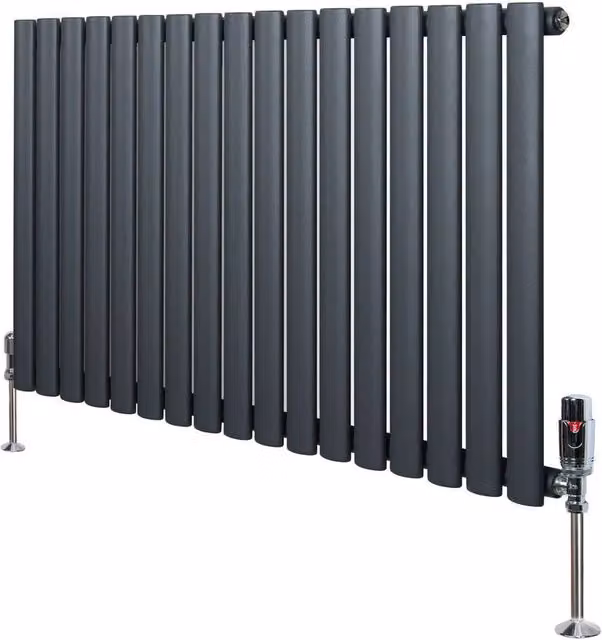 Monstershop Oval Single Column Steel Radiator with Integrated Valves and Thermostat Head, Anthracite Grey, H: 1020 mm, W: 60 mm – 1