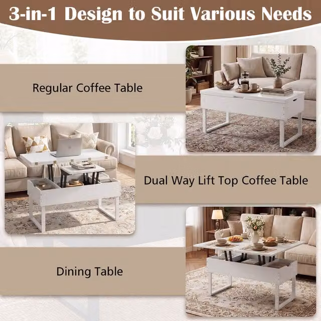 Costway 3-in-1 Modern White Rectangular Lift Top Coffee Table with Metal Mechanism