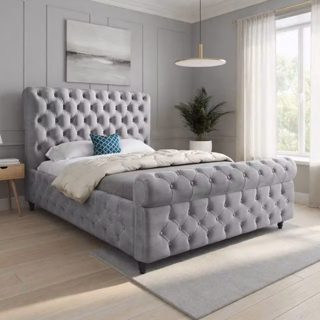 Casani Stenton Sleigh Upholstered Designer Bed Frame in Grey Silver Velvet, W/D/H: 189 x 200 x 119 cm
