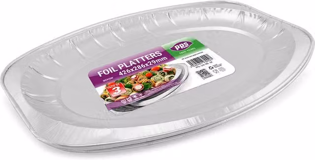 PPS 3 Pack Silver Aluminium Foil Catering Serving Platters, W: 44 cm, D: 29 cm