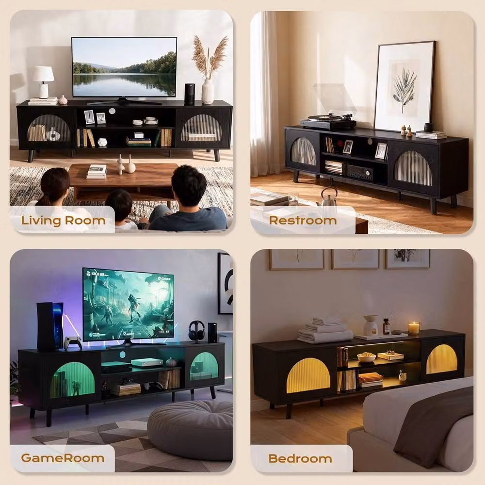 Kelvenix Modern Black LED TV Stand Cabinet with Glass and Integrated Lighting W/D/H: 100 x 47 x 35 cm – 4
