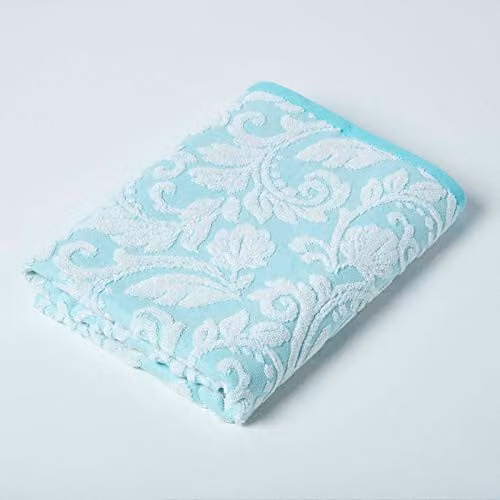 HOMESCAPES Luxury Turquoise Turkish Cotton Bath Towel with Damask Pattern, 600GSM, W: 130 cm