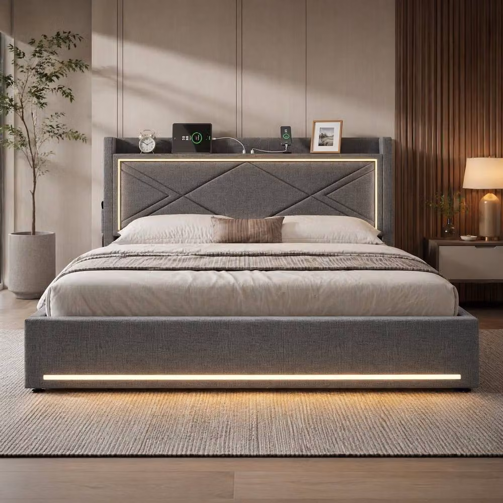 STILVORA King Size Ottoman Bed in Grey Linen with LED Under-Bed Lighting and USB Charging Ports, W/D/H: 180 x 200 x 110 cm – 2