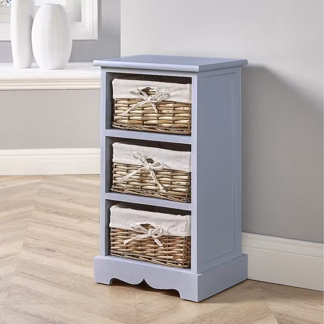 Home Source Lichfield 3 Willow Basket Drawer Chest Storage Unit in Grey and White