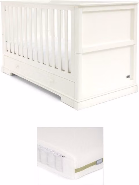 Mamas & Papas Oxford Cotbed with Drop Side and Premium Pocket Spring Mattress Bundle, White, W/D/H: 140 x 70 x 70 cm