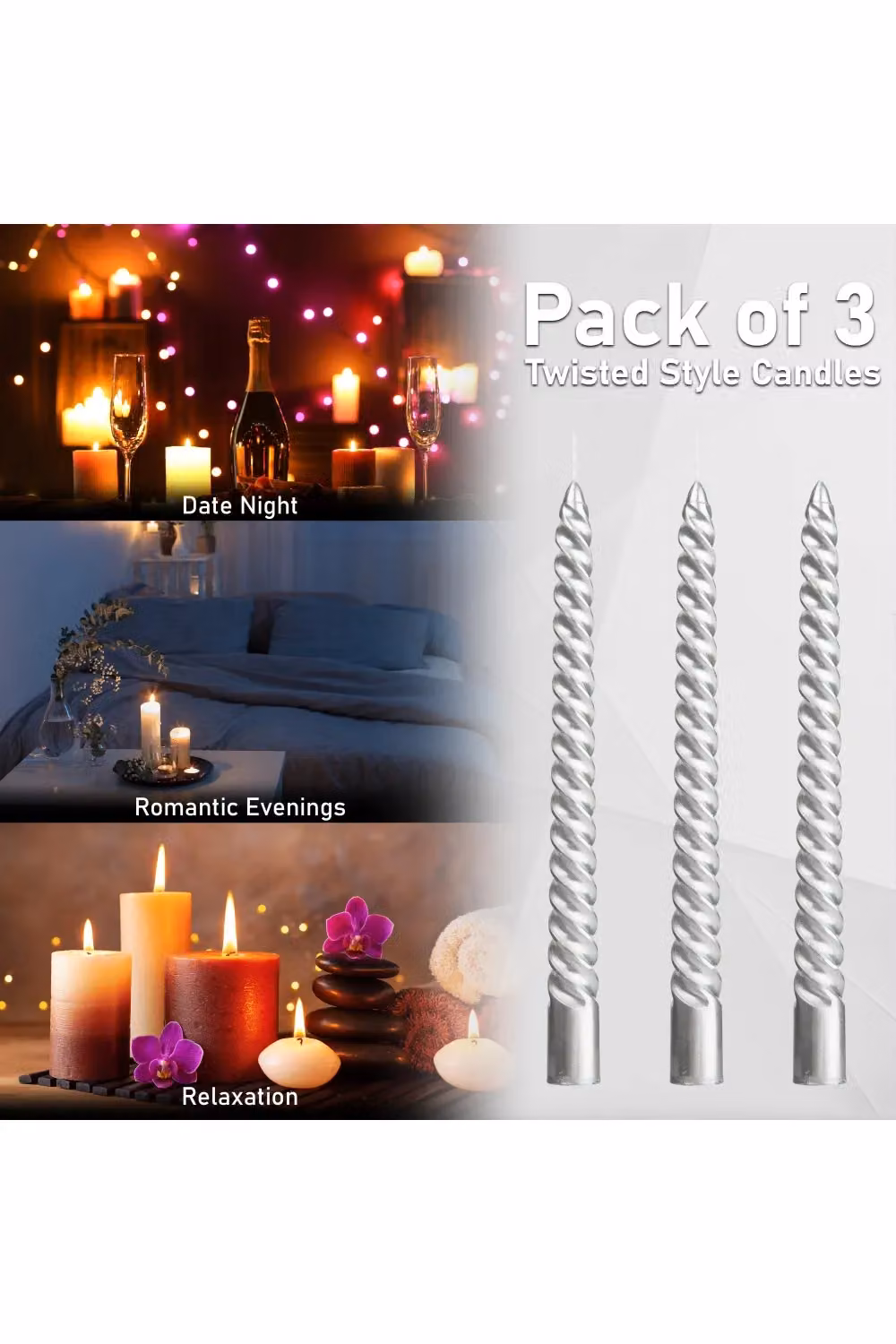 Deco Express Non Drip Twisted Non Scented Dinner Candles, Silver, Pack of 3 – 4