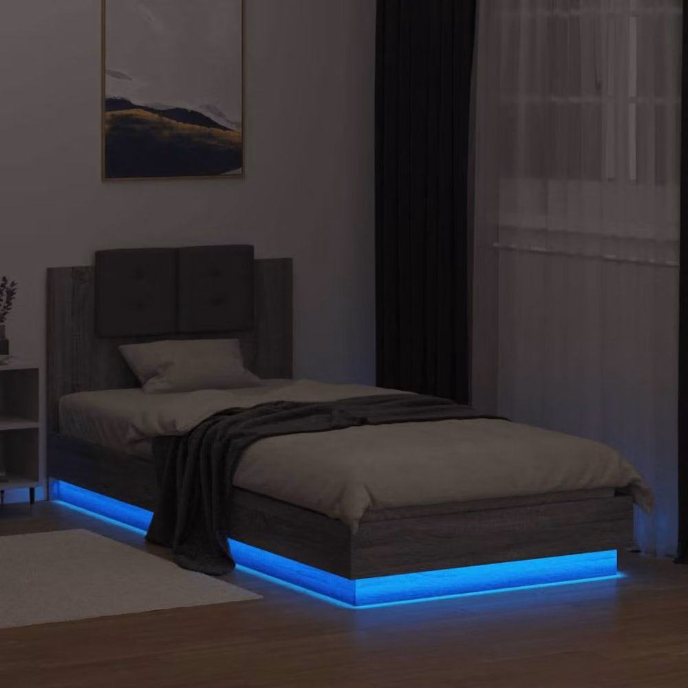 Berkfield Home Sonoma Bed Frame in Grey with LED Under-Bed Lighting and USB Charging Port, W/D/H: 90 x 200 cm – 4