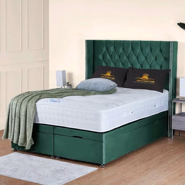 UK Bed Furniture Francesca End Lift Divan Ottoman Bed with 54 Inch Diamond Headboard in Green Velvet, W/D/H: 90 x 190 cm
