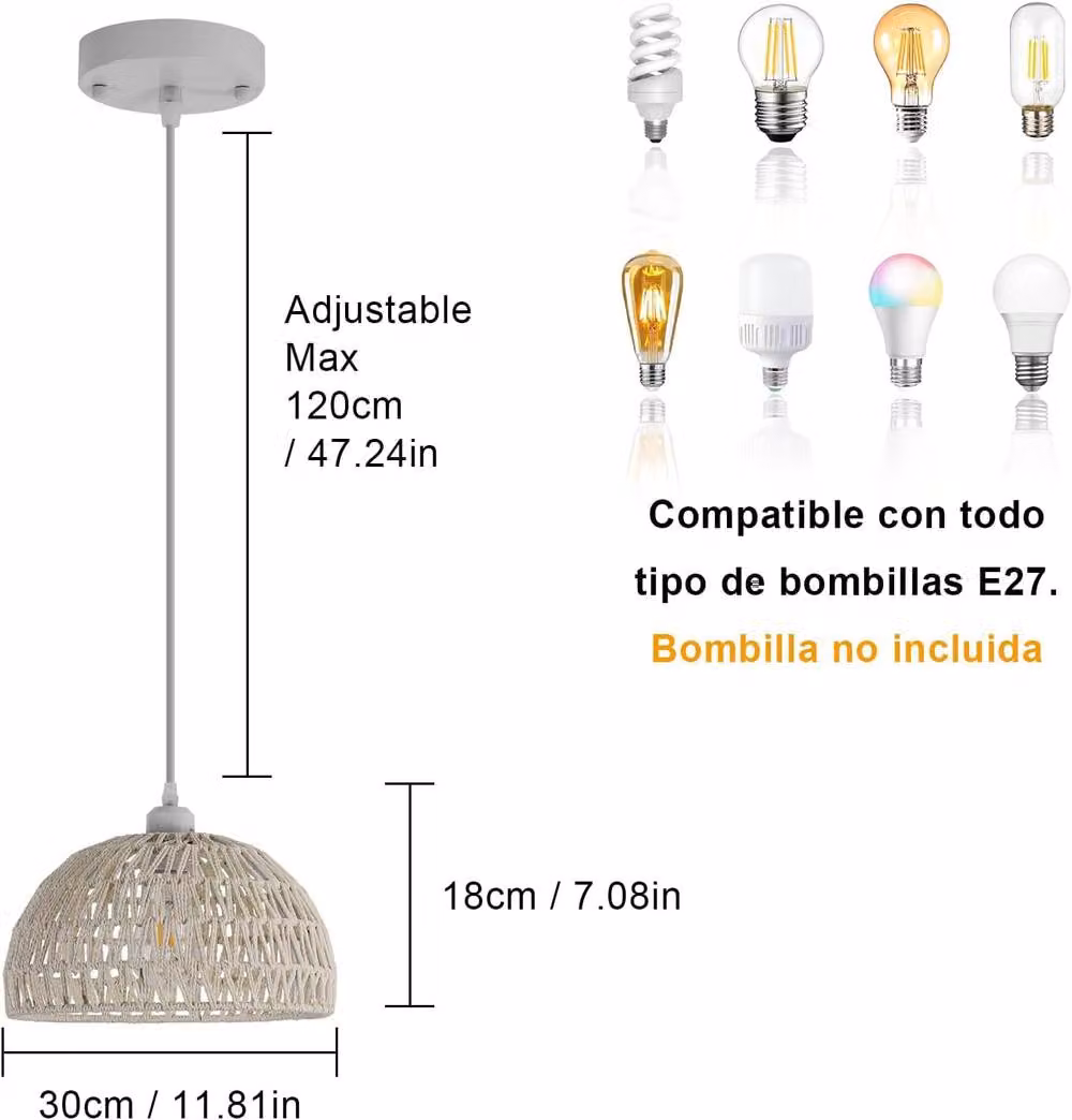 Goeco White Rattan Boho Pendant Light, Adjustable Suspended Chandelier with E27 Socket – 3