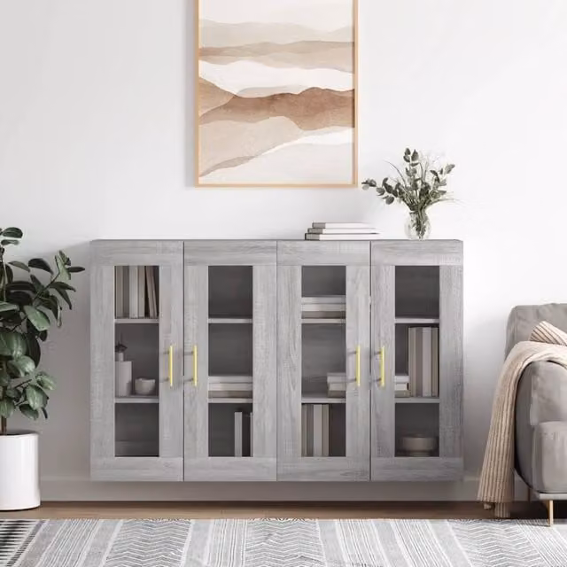 Berkfield Home Wall Mounted Cabinets with Glass Doors, 2 Piece Set in Grey Sonoma Matt Finish – 1