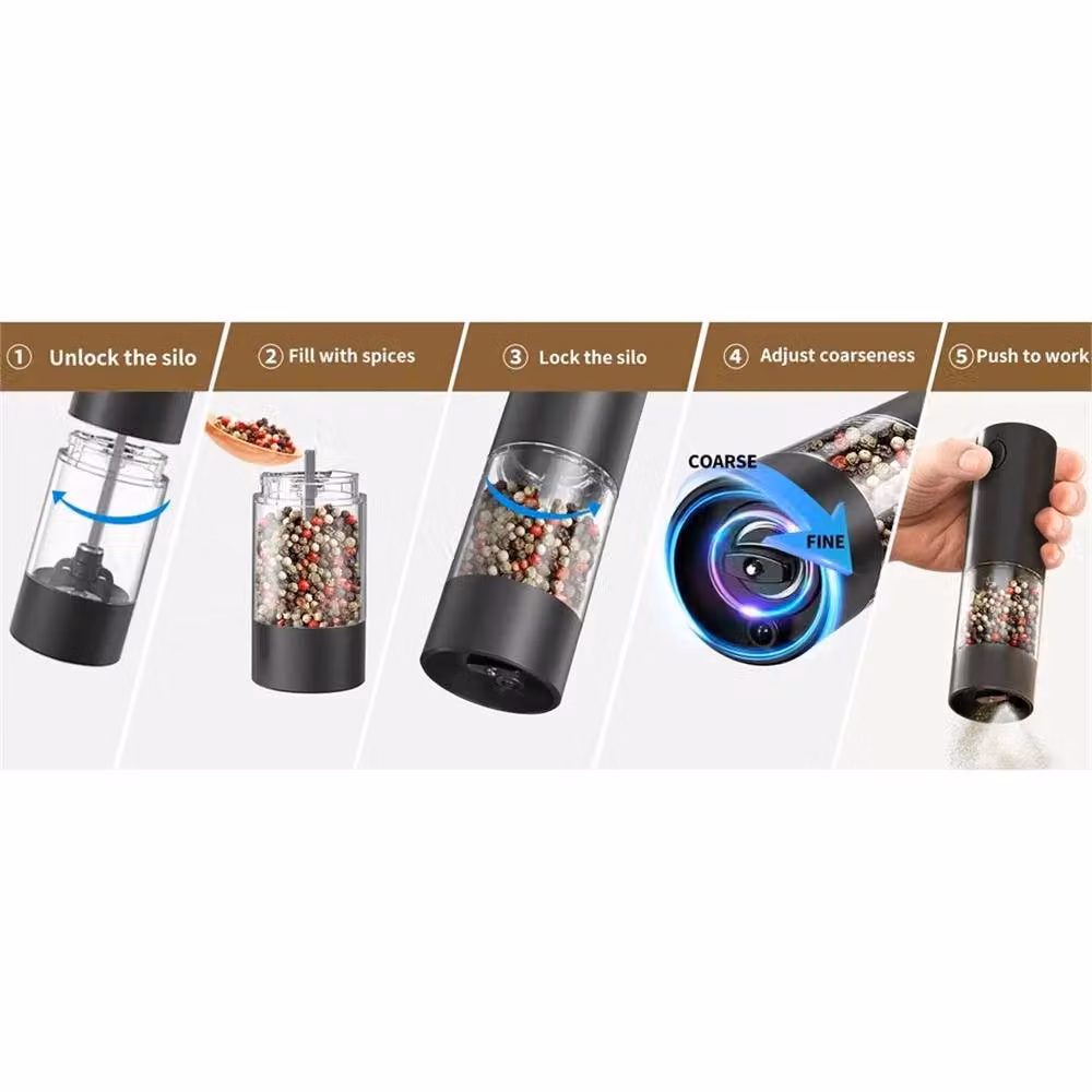 Nordara Rechargeable Electric Salt and Pepper Grinder Set with Ceramic Milling Mechanism in Black and Transparent – 3