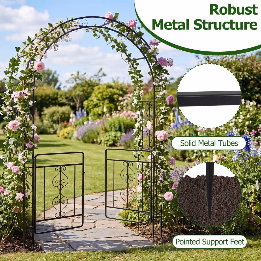 Gymax Metal Garden Archway Arbour with Lockable Doors and Plant Trellis, Black, H 213.0 x W 135.0 x D 60.0 cm – 7