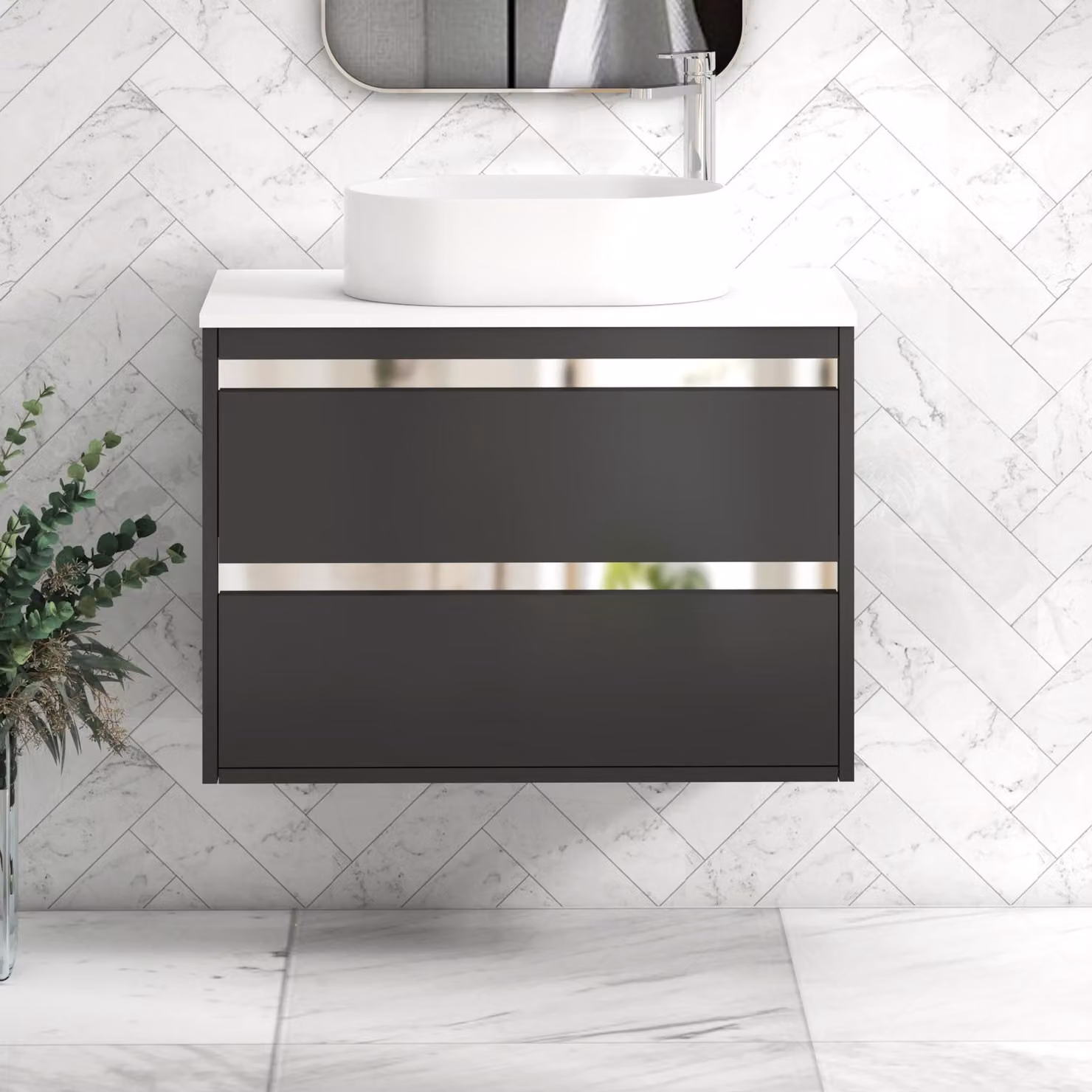 Royal Bathrooms Orion 800mm Wall Hung Vanity Unit in Matt Obsidian Black with White Countertop and 2 Drawers