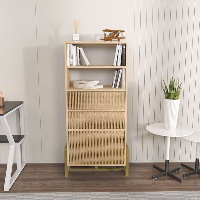 Decorotika Utopia Modern Geometric Bookshelf with Rattan Pattern in Yellow and Beige