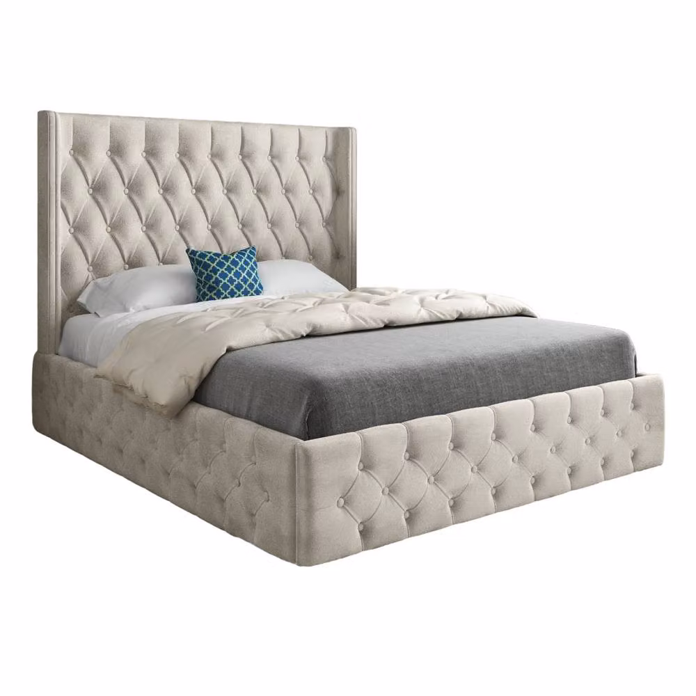 KDMD Winchcombe Winged Upholstered Designer Bed Frame in Beige Soft Velvet, W/D/H: 144 x 137 x 200 cm – 2
