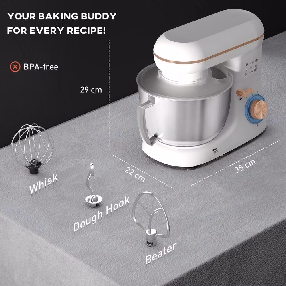 HOMCOM Electric Stand Mixer in White with 4.5L Capacity and Stainless Steel Accessories – 2