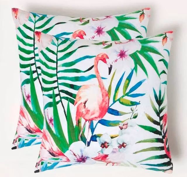 Homescapes Set of 2 Waterproof Pink Flamingo Outdoor Cushions, W/D/H: 45 x 45 x 45 cm