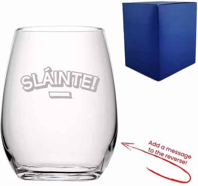 Uniqueful Personalised Slainte Design Stemless Wine Glass in Clear Glass