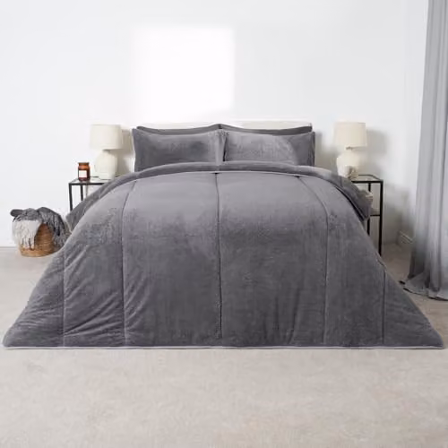 OHS Teddy Fleece 10.5 Tog Coverless Duvet and Pillowcase Set, Charcoal Grey, W/D/H: 200 x 200 cm
