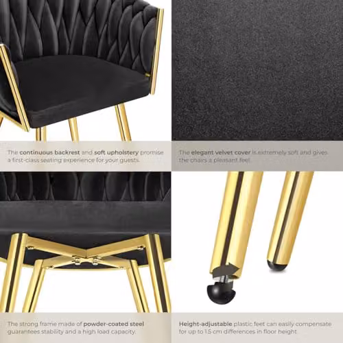 tectake Set of 2 Astano Dining Chairs with Velvet Fabric and Knot Design in Black and Gold – 6