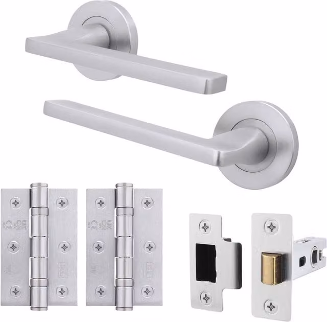 AFIT Satin Chrome Door Handle Latch Set with Hinges in Silver, Aluminium W/D/H: 15.0 x 15.0 x 15.0 cm