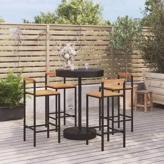 Berkfield Home 5 Piece Garden Bar Set in Black Poly Rattan and Solid Acacia Wood