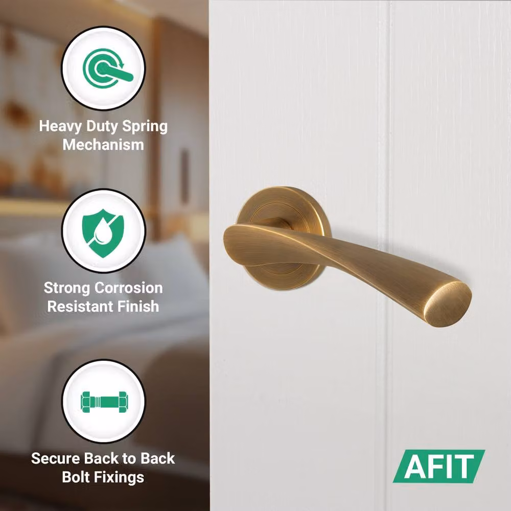 AFIT Antique Brass Door Handle Rose, Latch and Hinges Kit in Bronze, 4 Pairs – 2