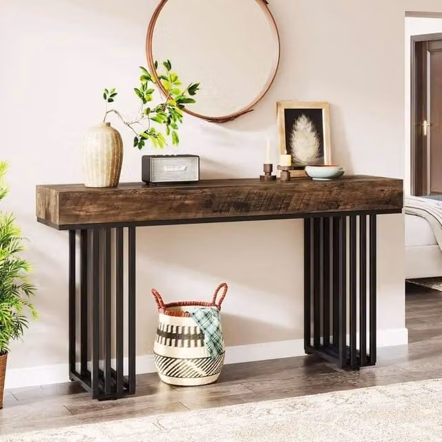 KORVIXA Industrial Console Table in Brown and Black, Rectangular Wood and Metal Entryway Sofa Table – 1