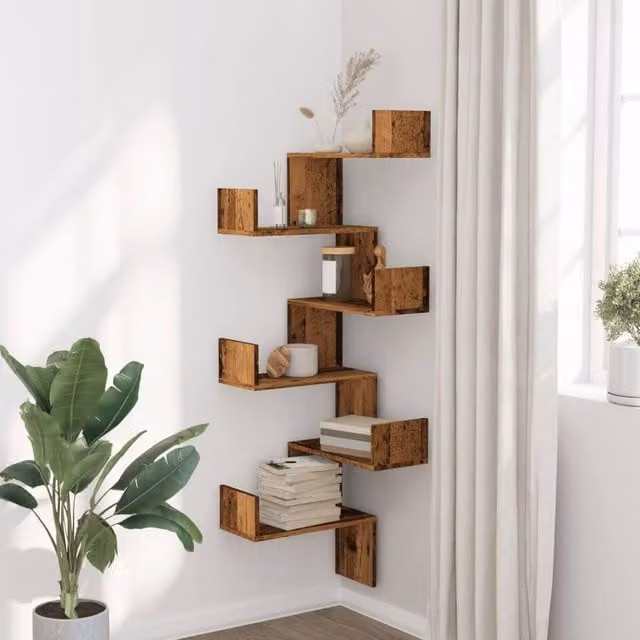 Berkfield Home Wall Mounted Corner Shelf in Old Wood Brown, W/D/H: 45 x 45 x 147 cm – 1