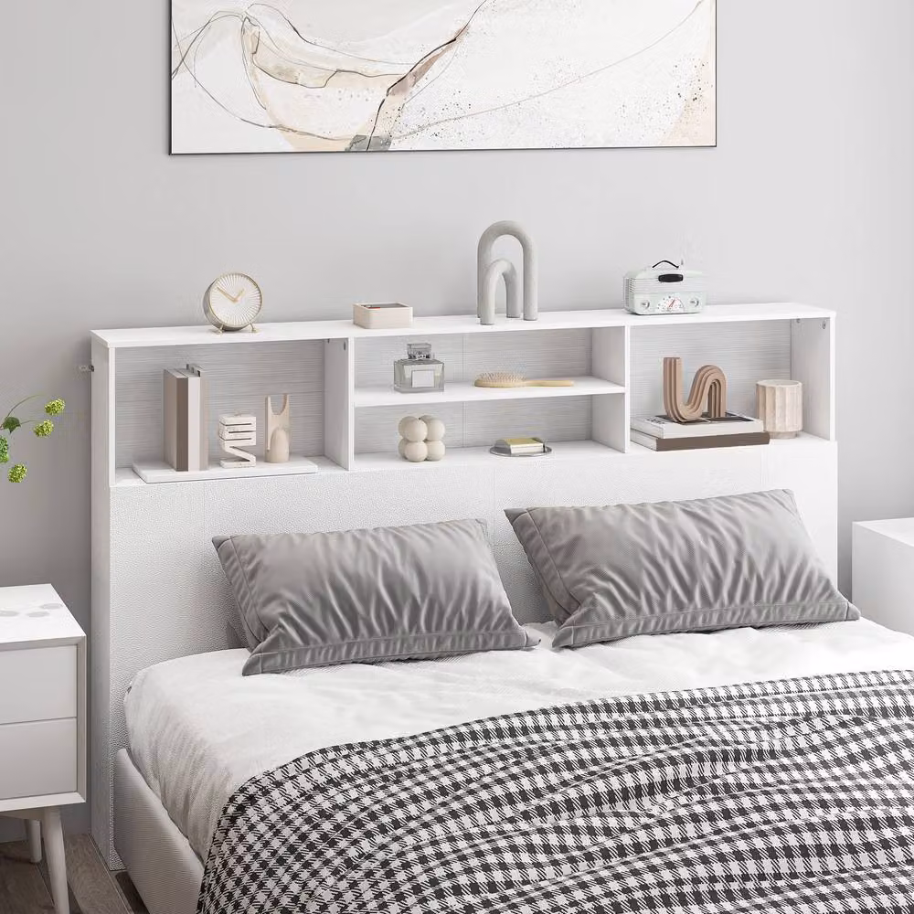 HOMCOM King Size White Headboard with Integrated Storage Shelf and Side Compartments – 2