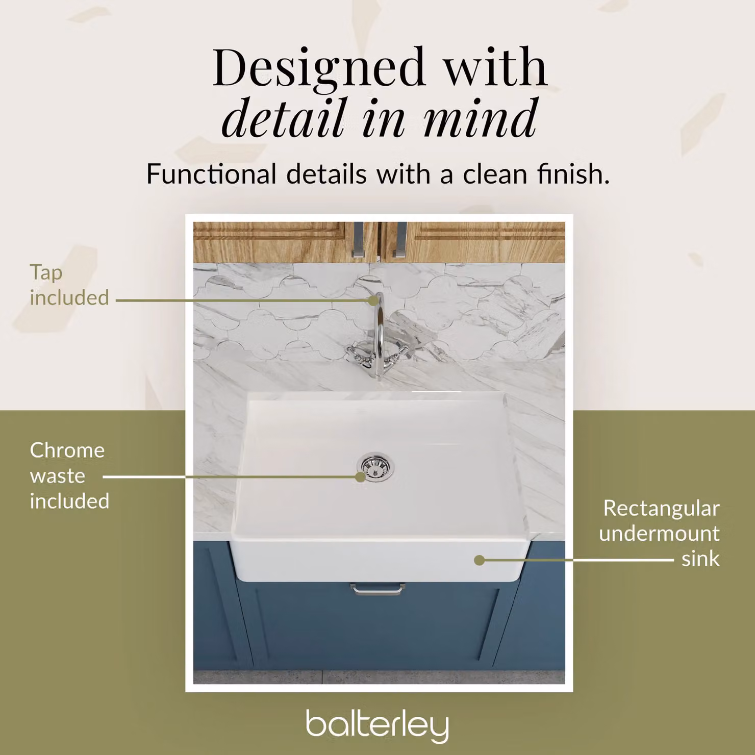 Balterley White Ceramic Fireclay Single Bowl Butler Sink with Mono Mixer Tap and Waste, W: 79.5 cm – 3