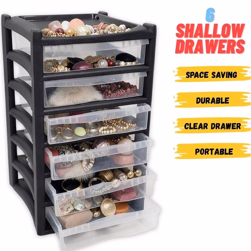 FORGEVIO 6 Tier Shallow Plastic Chest in Black and Transparent, Width: 50 cm – 3