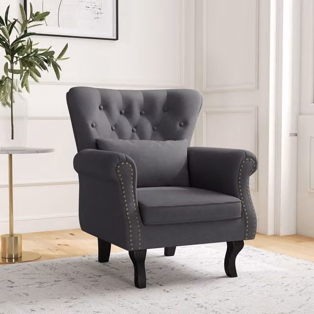 HOMCOM Chesterfield Style Wingback Accent Chair with Pillow in Grey Fabric – 1