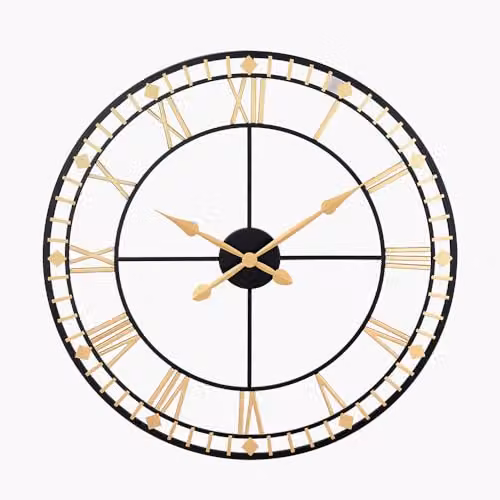 Pacific Lifestyle Large Industrial Skeleton Wall Clock in Black and Gold Metal with Roman Numerals, Diameter: 80 cm – 2