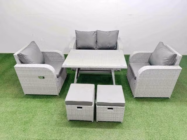 Fimous Grey PE Wicker Rattan Garden Furniture Set with Reclining Chairs and Sofa