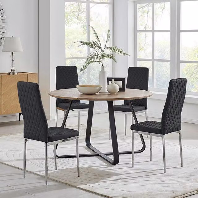 FurnitureboxUK Santorini Brown Wood Round Dining Table and 4 Black Milan Chairs Set, Diameter: 120 cm