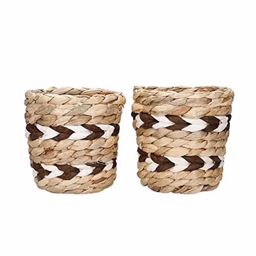 KitchenCraft Set of 2 Striped Rattan Tabletop Planters in Beige, Brown and White, W/D/H: 11.5 x 11.5 x 11 cm – 1