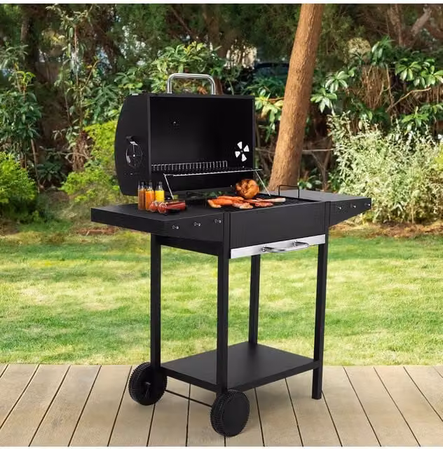 Living and Home Charcoal BBQ Grill with Side Table and Cart in Black Steel, W/D/H: 119 x 50 x 101 cm