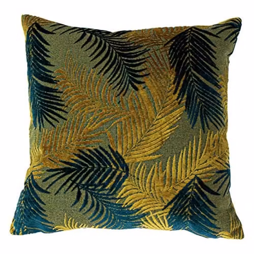 Paoletti Palm Grove Floral Velvet Cushion, Gold, Petrol and Blue, W/D/H: 50 x 50 x 50 cm